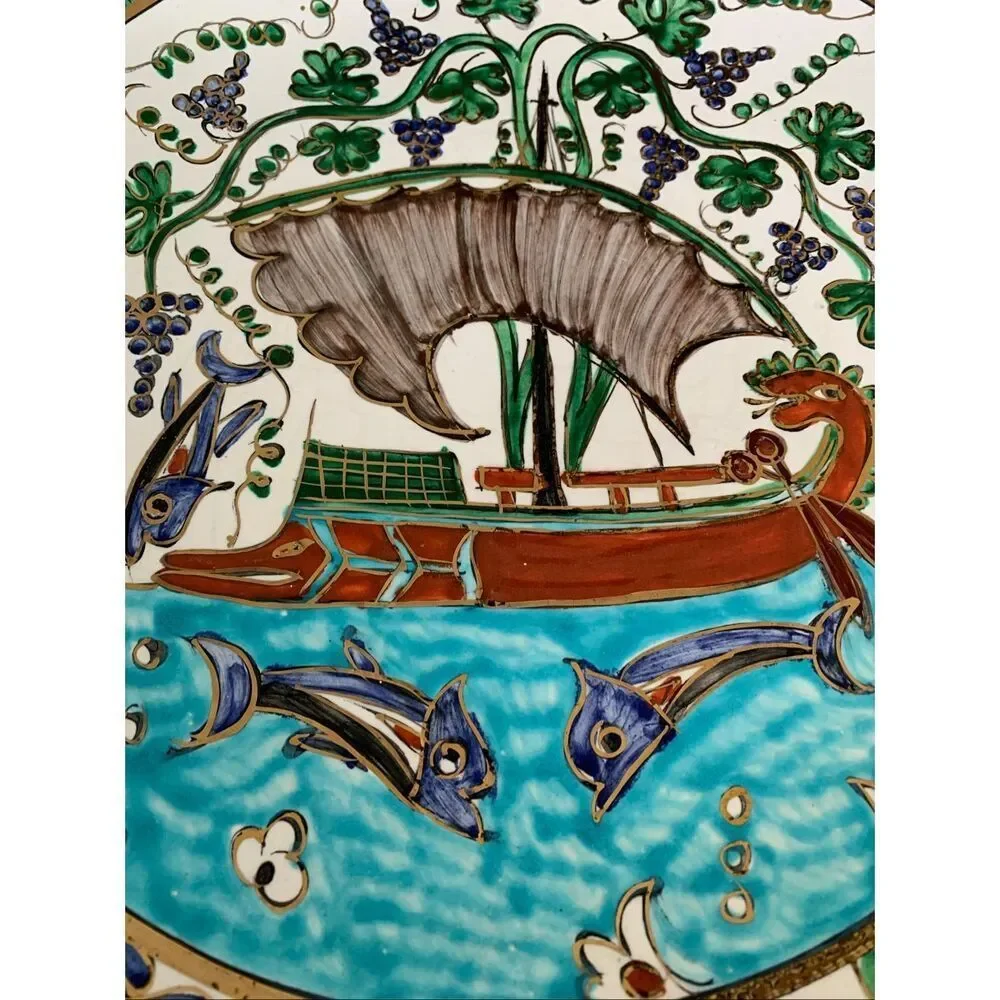 VTG Greek Icaros Rhodes Pottery Ceramic Plate Ship Sea Fare